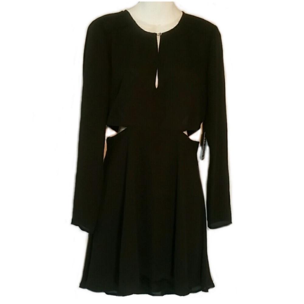 NWT Express Cotout Mini Dress Chiffon Long Sleeves Keyhole Black Sz 6